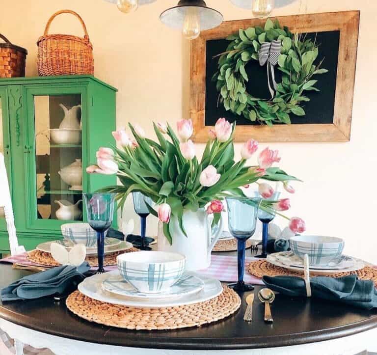 Green Hutch Brightens Farmhouse Dining Room