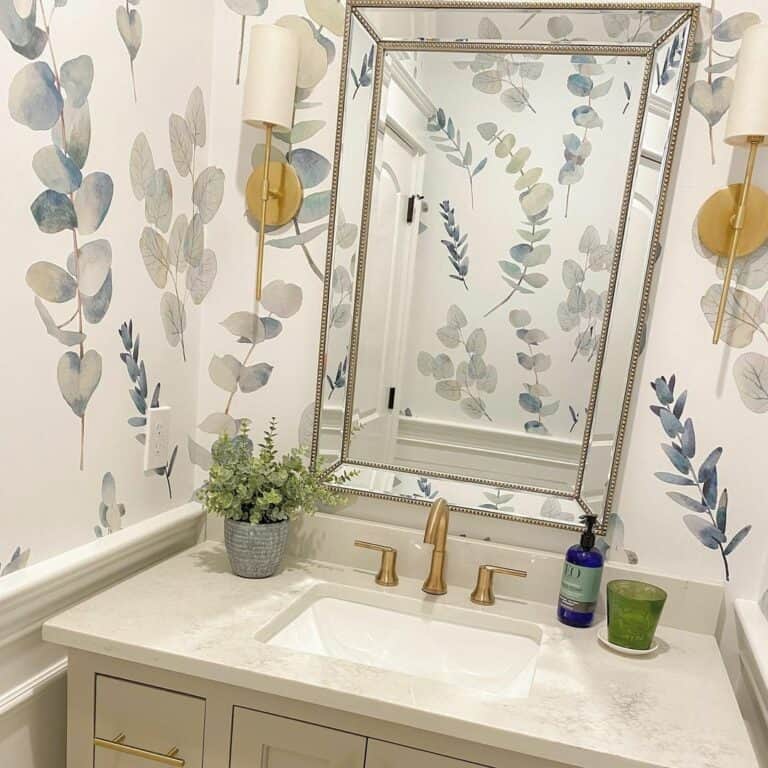 Half Bath With White and Blue Wallpaper