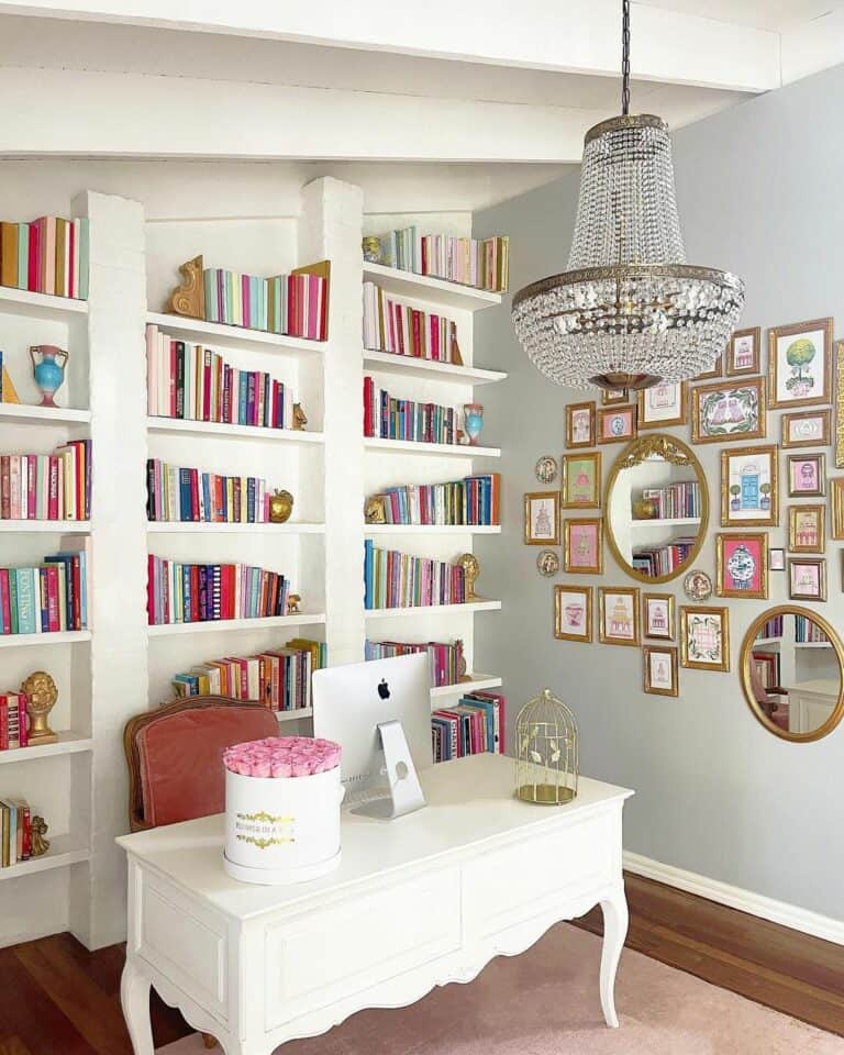 Home Library With Gold Frame Wall Collage