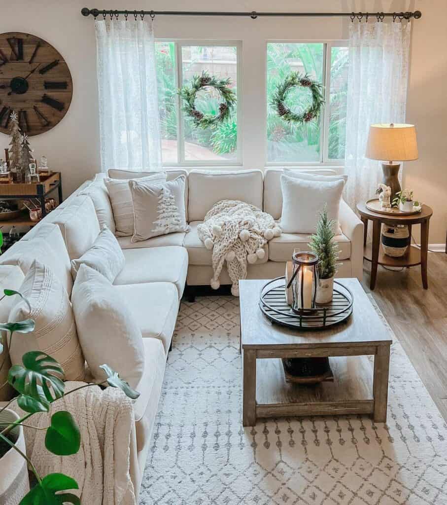Ivory Sectional Sofa With Stained Wood Coffee Table Soul & Lane