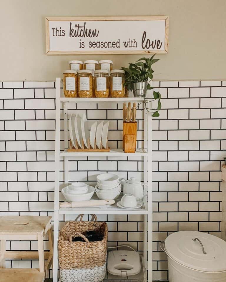 Kitchen Signs Décor Over White Ladder Shelves