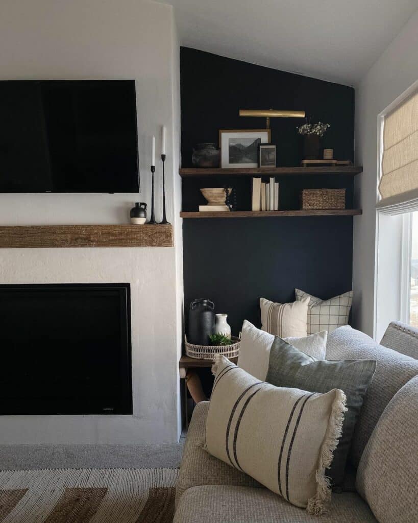 Living Room With Stained Wood Floating Shelves