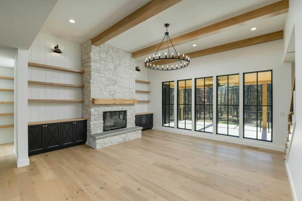 Low Farmhouse Ceilings Illuminated by Industrial and Recessed Lighting