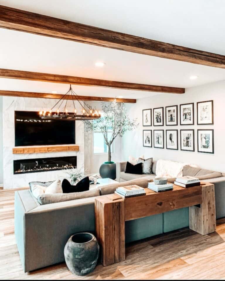 Low Living Room Ceiling With Exposed Rustic Wood Beams