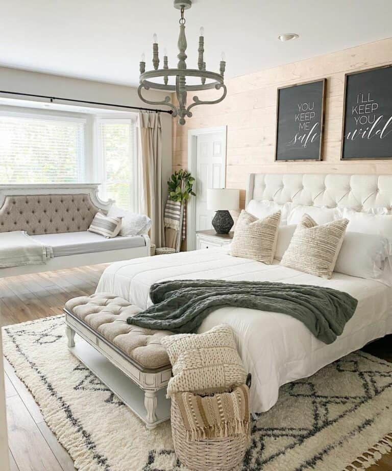 Master Bedroom With Gray Farmhouse Chandelier