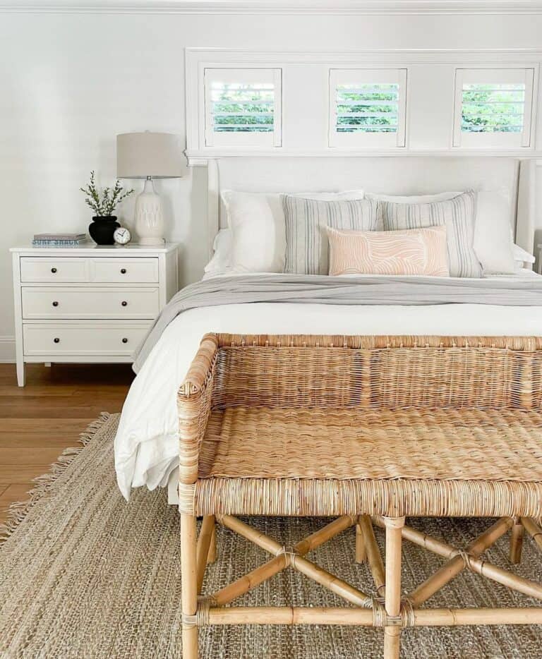 Minimalist Beach Themed Bedroom With Rattan Seating Area