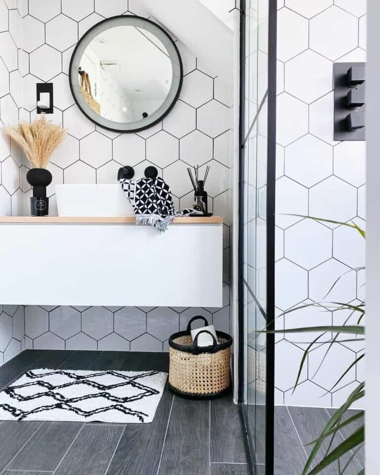 Modern Bathroom With White Hexagonal Tiles