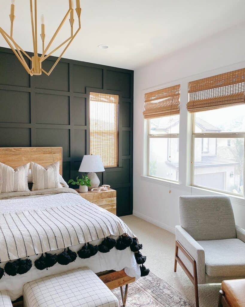 Modern Black Accent Wall in a Neutral Farmhouse Bedroom