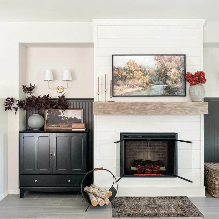 Modern Black Iron Firewood Holder for a White Fireplace