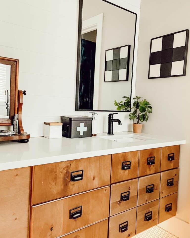 Modern Farmhouse Bathroom With Wooden Drawers