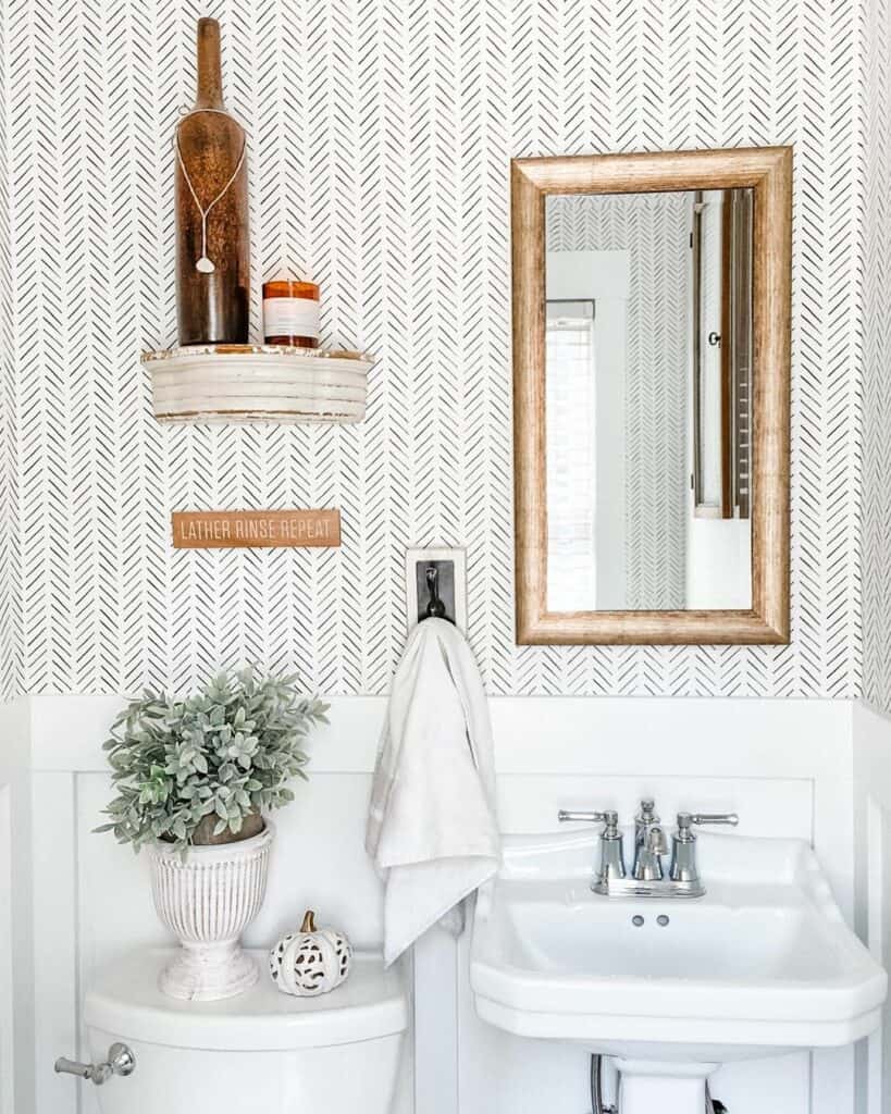 Modern Farmhouse Wallpaper for a Black and White Bathroom