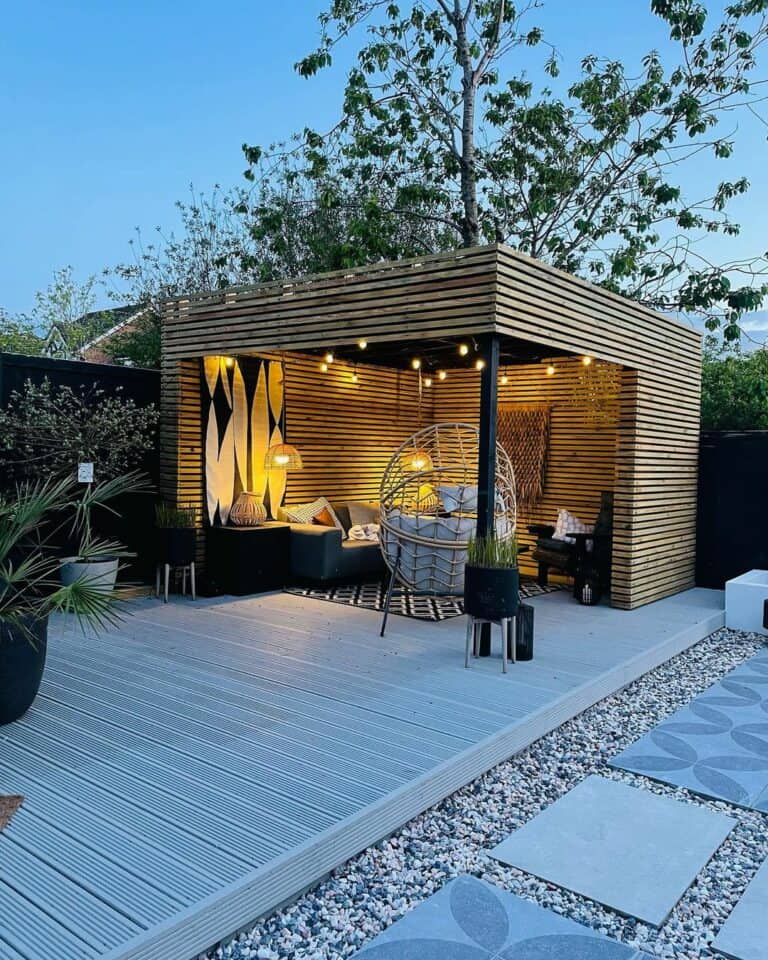 Modern Gray Patio With Wooden Slat Gazebo