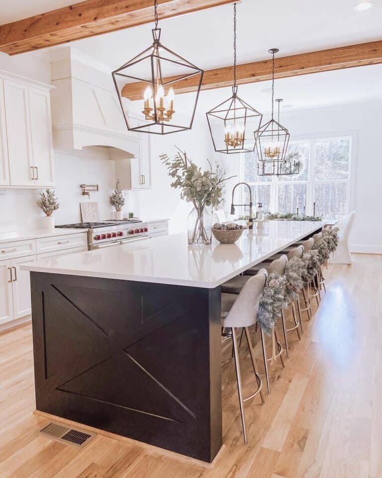 Modern Kitchen With Farmhouse Beams and Light Fixtures