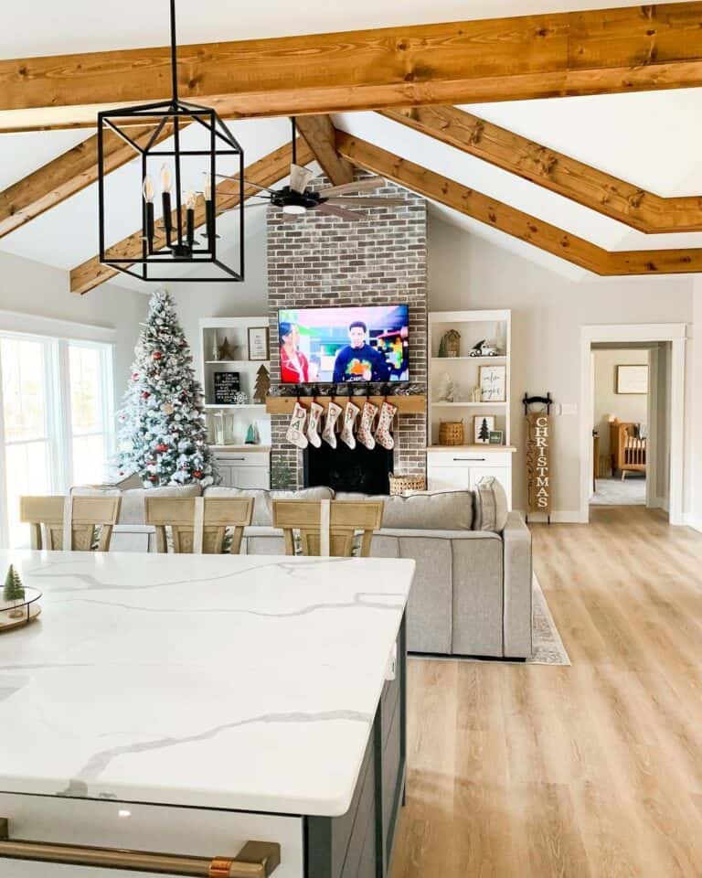Modern Living Room With Natural Wood Exposed Beam Ceiling