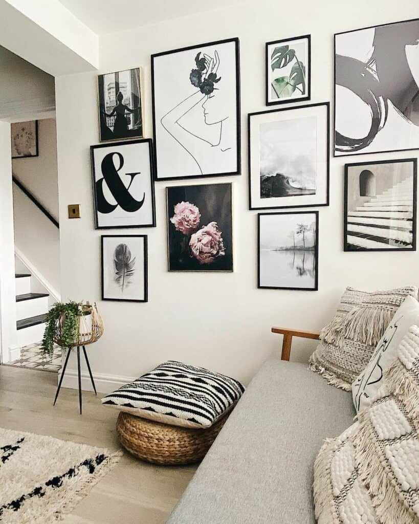 Modern Living Room With a Black and White Wall Collage