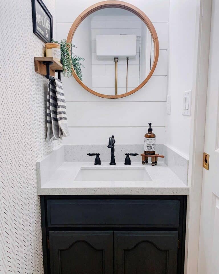 Modern Powder Room With Shiplap and Wallpaper Accents