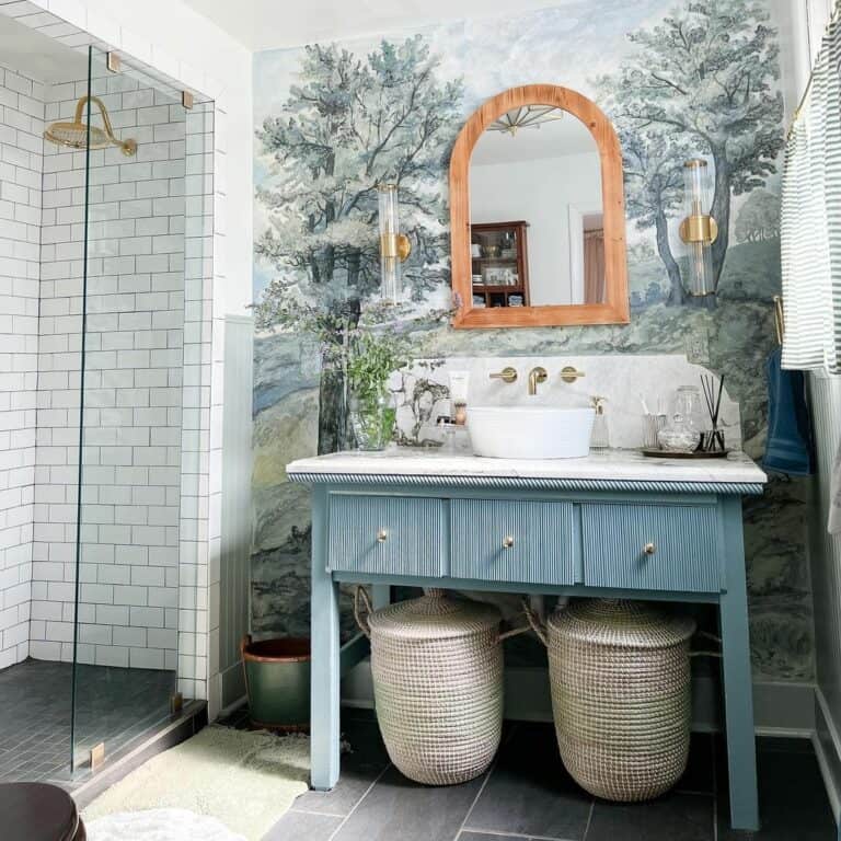 Modern Vintage Bathroom With Mural Wallpaper