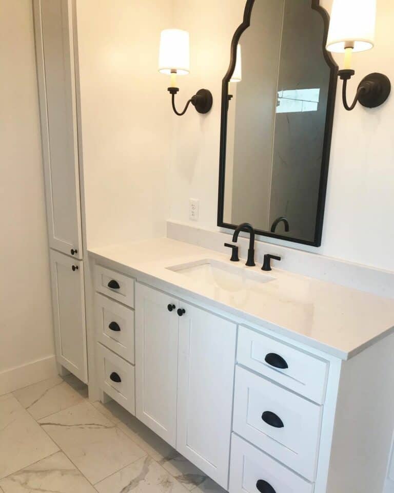 Modern White Bathroom Cabinetry With Black Hardware