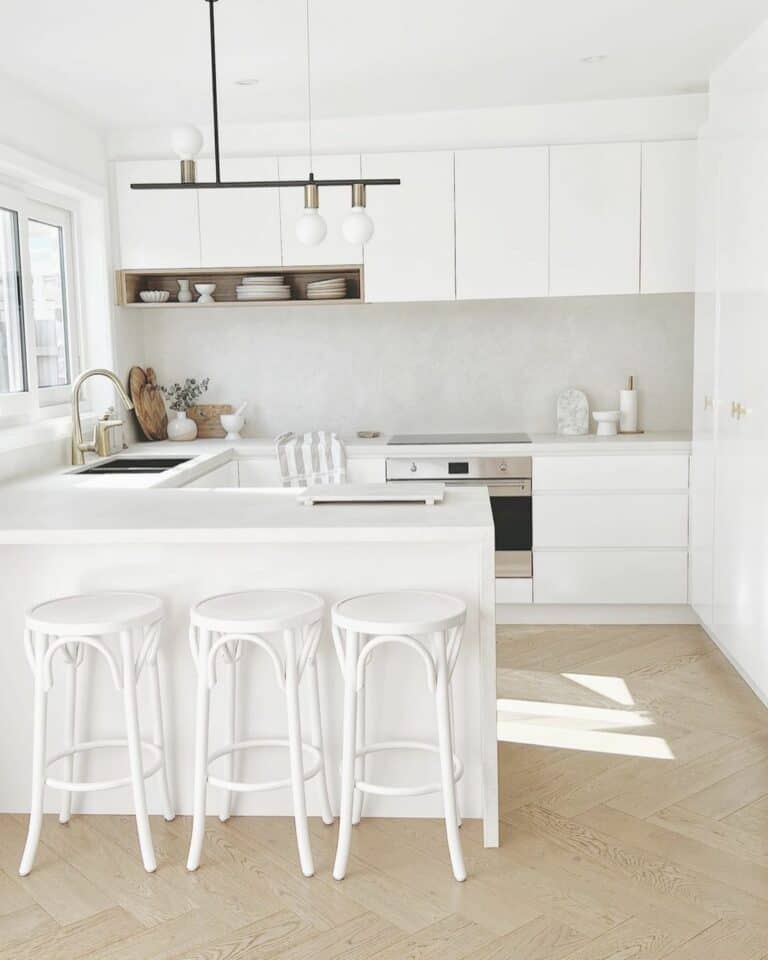 Modern White Kitchen Ideas With Herringbone Wood Floors