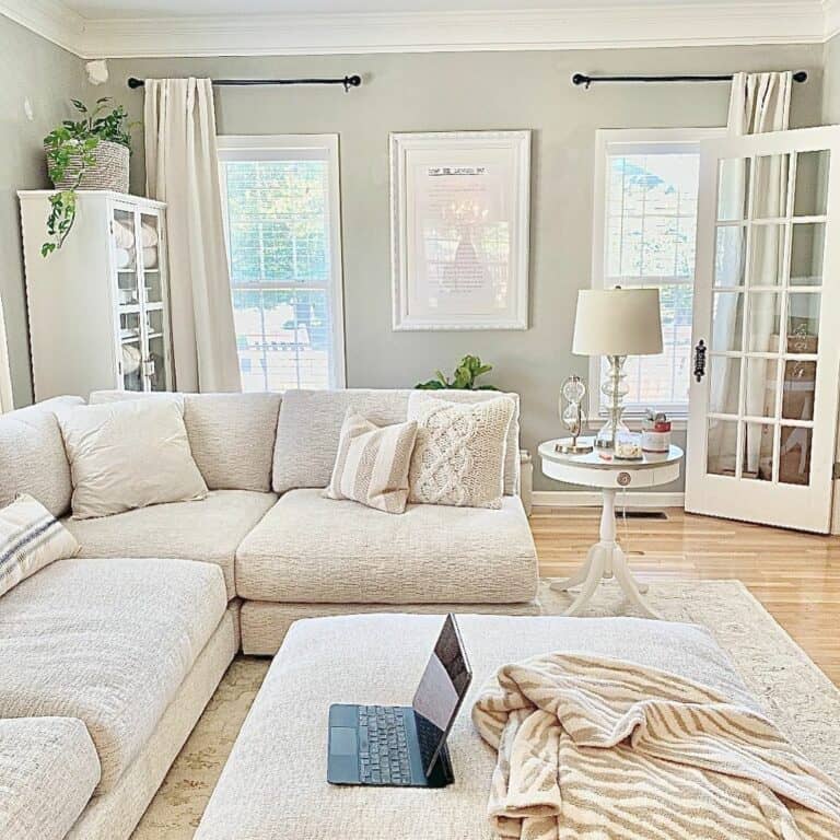 Modern White Living Room With French Doors