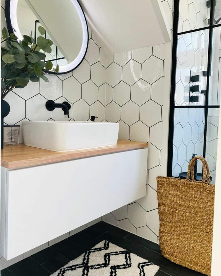 Monochrome Bathroom With Hexagonal Wall Tiles