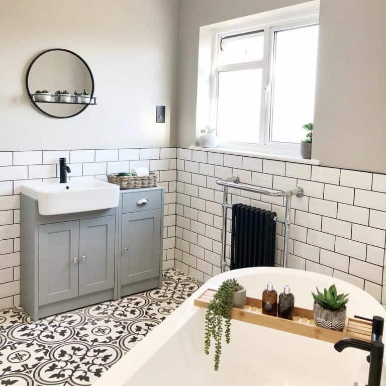 Monochrome Bathroom With Patterned Floor Tiles