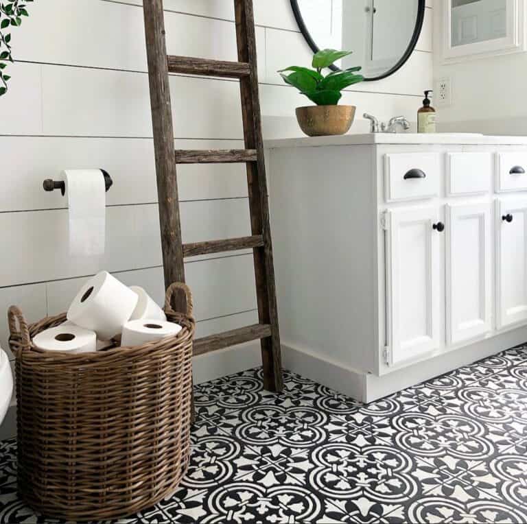 Monochrome Farmhouse Bathroom With Patterned Tiles