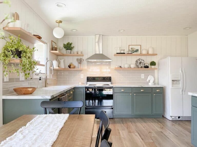 Muted Blue Cabinets With White Appliances