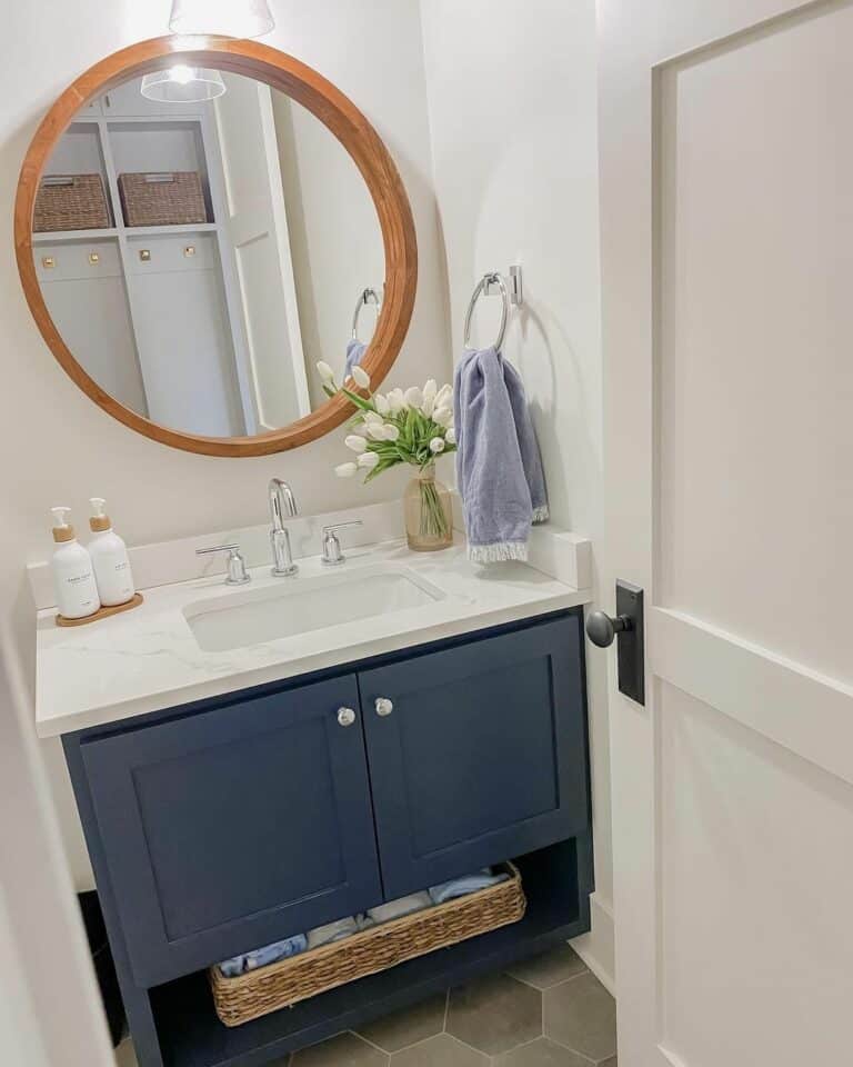 Navy Blue Bathroom Cabinet Ideas With Round Mirror