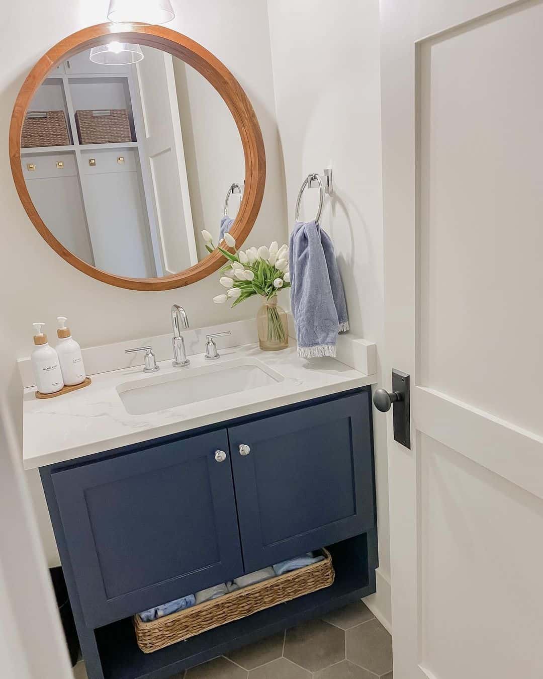Navy Blue Bathroom Ideas With Round Mirror Soul & Lane