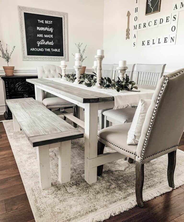 Neutral Farmhouse Dining Room With Crossword Wall