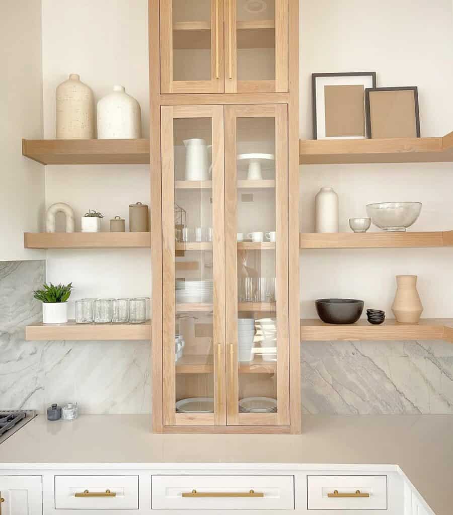 Oak Glass Cabinet and Built-in Shelves