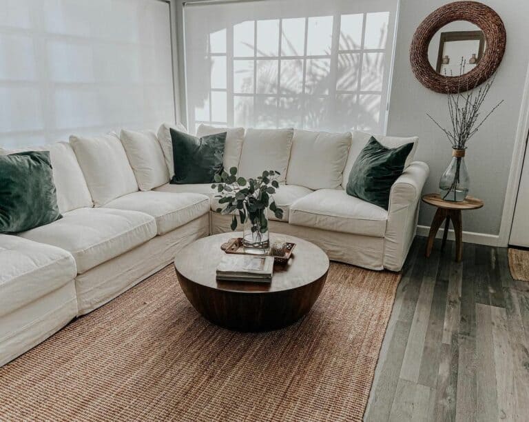 Off-white Sectional With Wood Drum Coffee Table