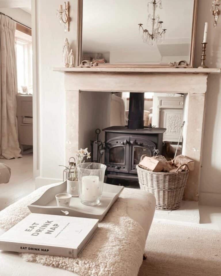 Open Fireplace in Neutral Living Room