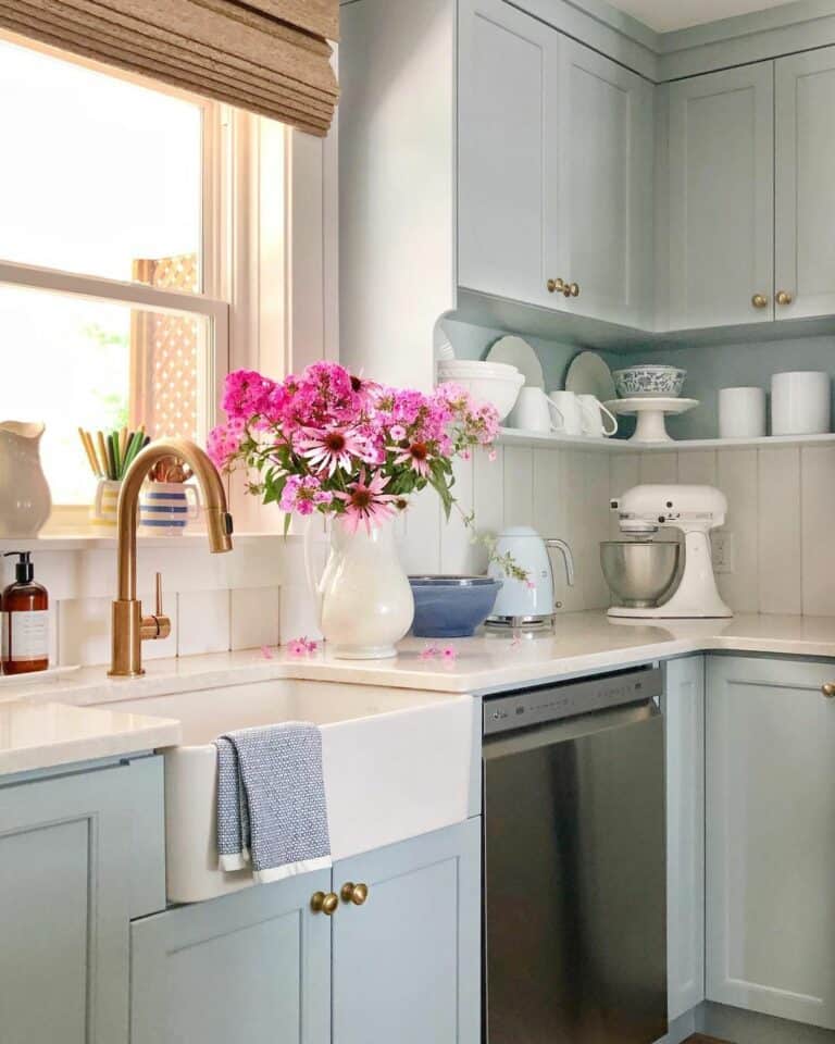Pastel Cottage Kitchen With Bright Floral Bouquet