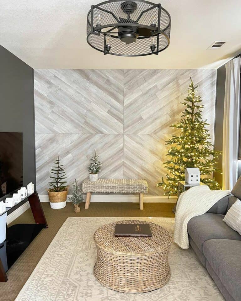 Patterned Gray Wood Accent Wall in a Modern Living Room