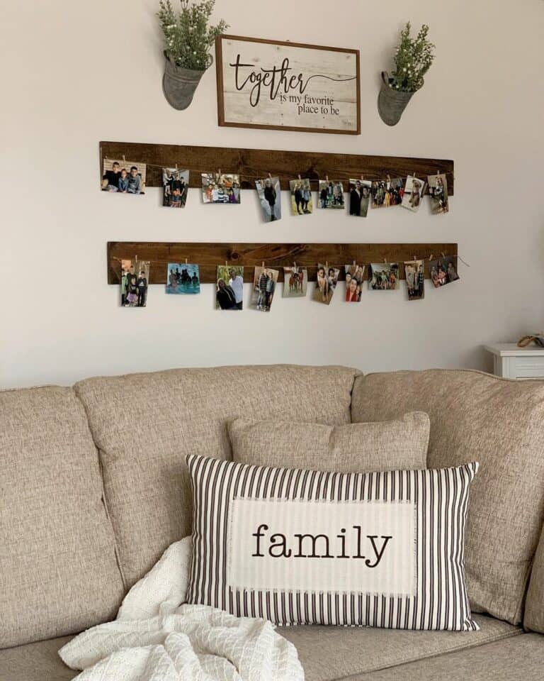 Photos Clipped on String in Farmhouse Room