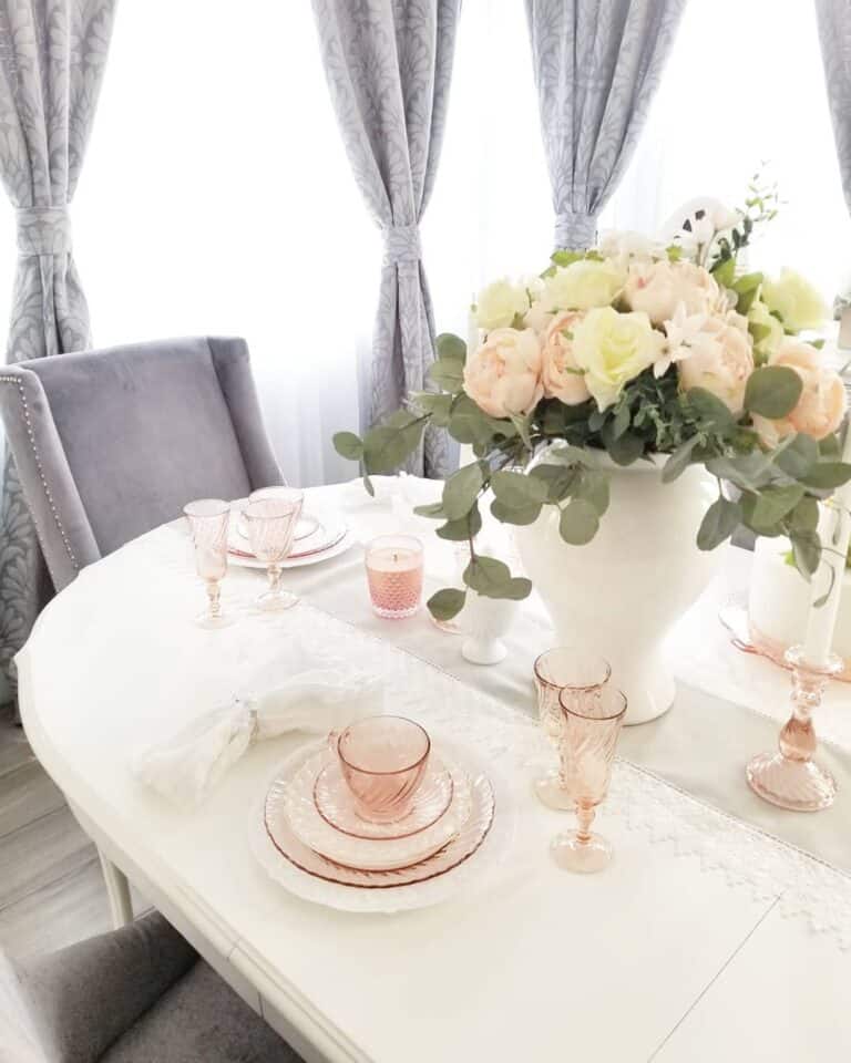 Pink Tableware and Gray Dining Chairs