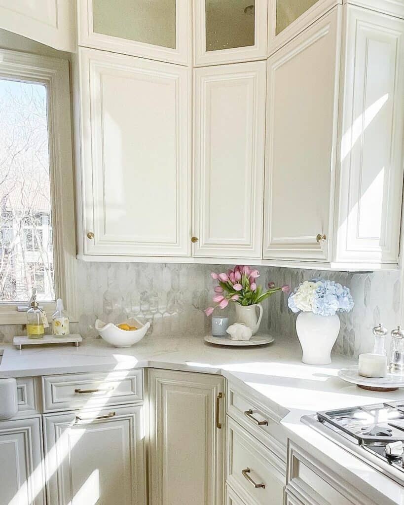 Pink Tulip and Blue Hydrange Kitchen Counter Arrangements