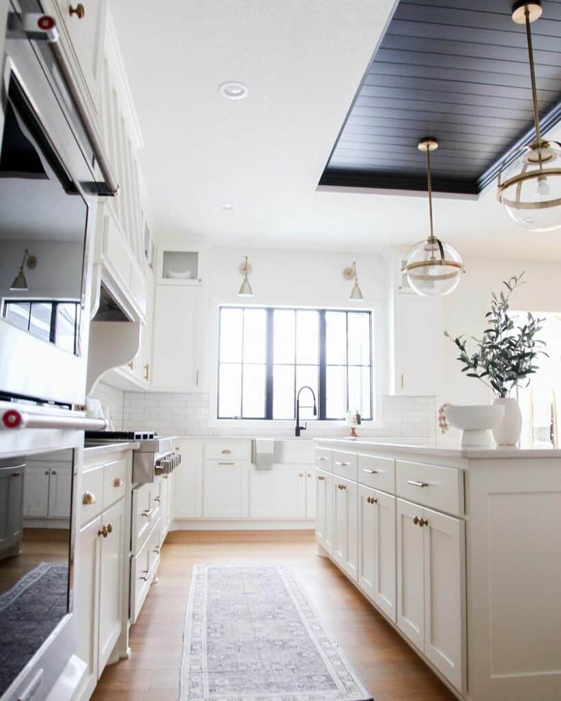 Recessed Kitchen Ceiling With Black Paneled Shiplap