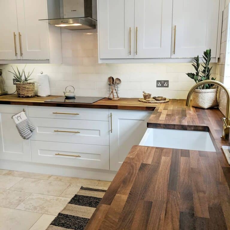 Rich Brown Butcher Block Kitchen Counters With Boho Plants