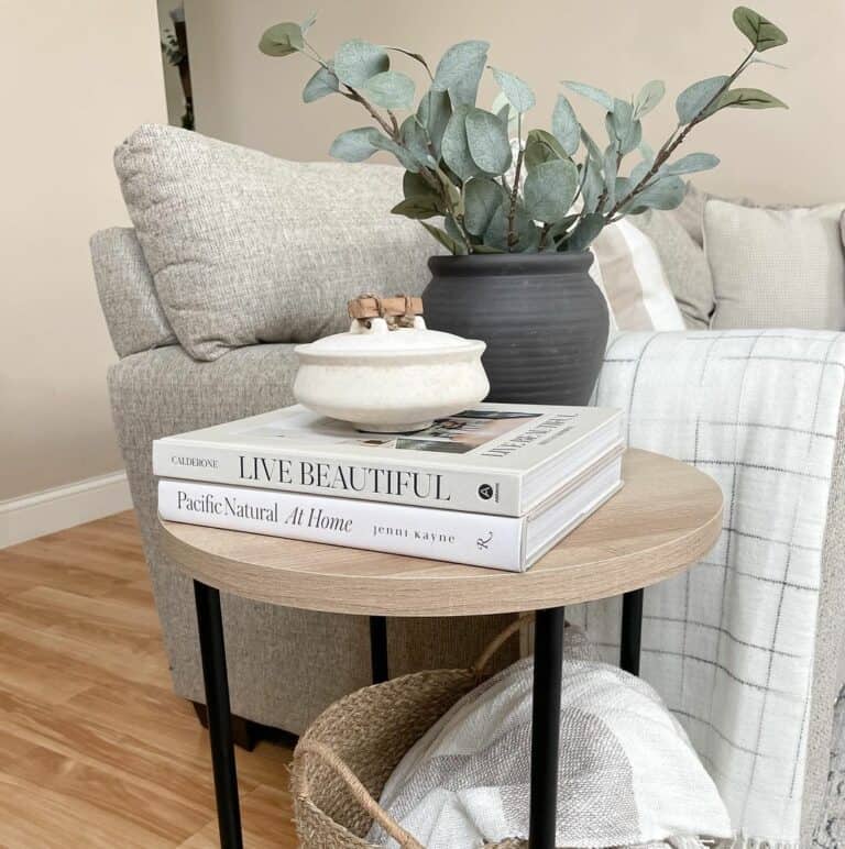 Round Light Wood and Black Metal Accent Table