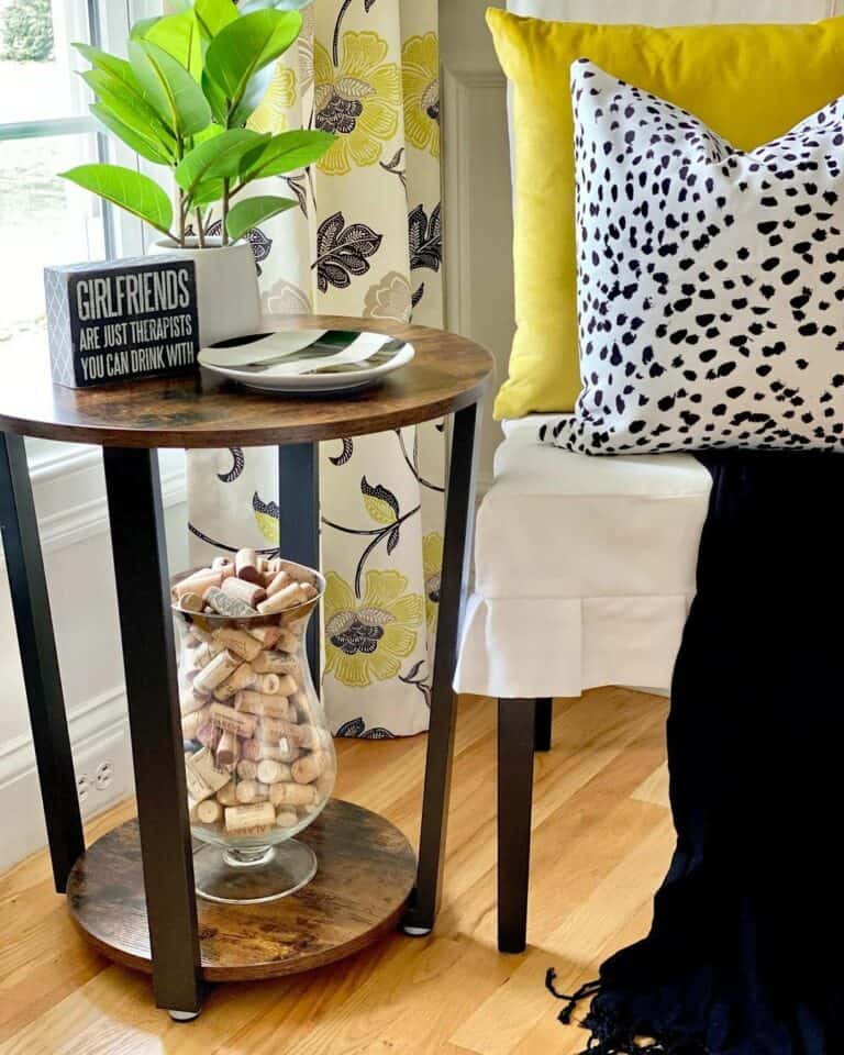 Round Stained Wood and Black Side Table