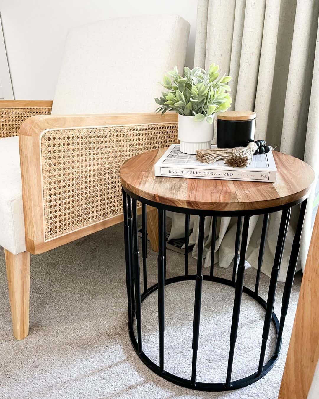 Round, Stainedwood and Black Metal End Table Soul & Lane