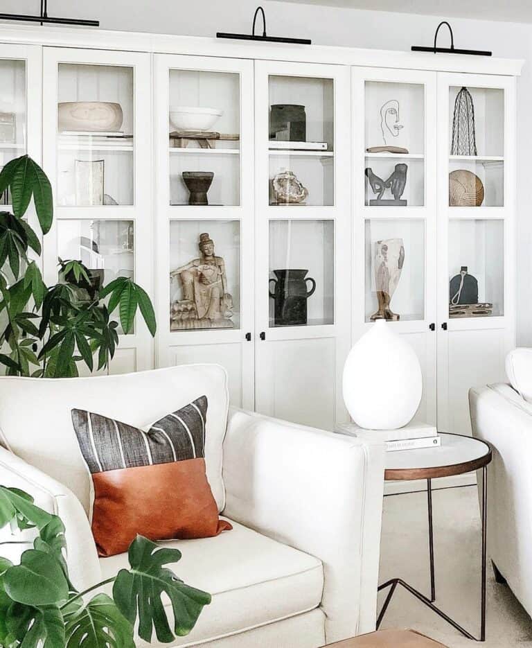 Round White and Black End Table With Wood Trim