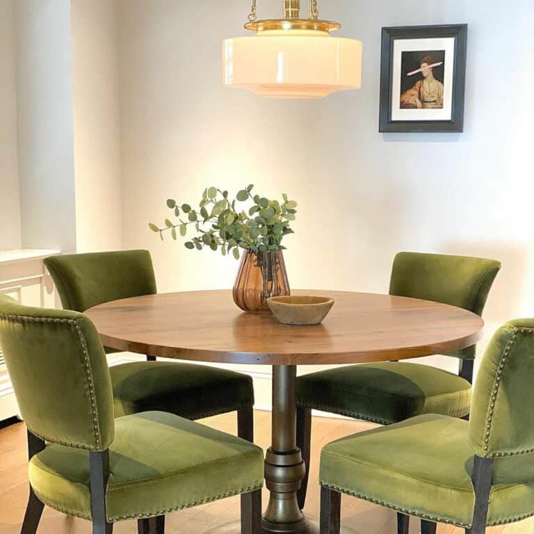 Round Wood Dining Table With Green Velvet Chairs