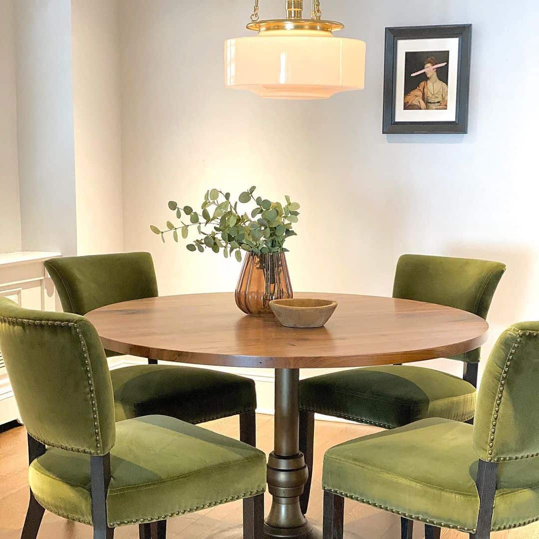Round Wood Dining Table With Green Velvet Chairs - Soul & Lane