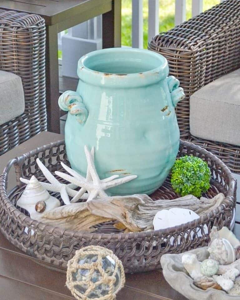 Round Woven Tray With Coastal Decorations