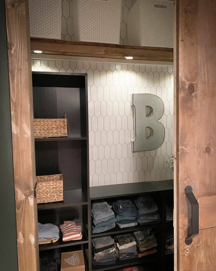 Rustic Closet With Recessed Shelf Lighting