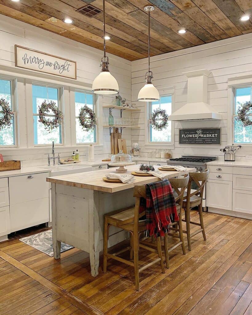 Rustic Wood Panel on Farmhouse Kitchen Ceiling